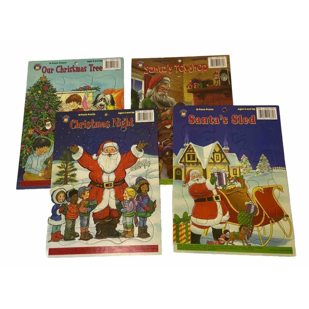 Vtg Playmore Puzzles 12 Piece Cardboard Christmas Set of 4 Ages 3+ Santa Tree